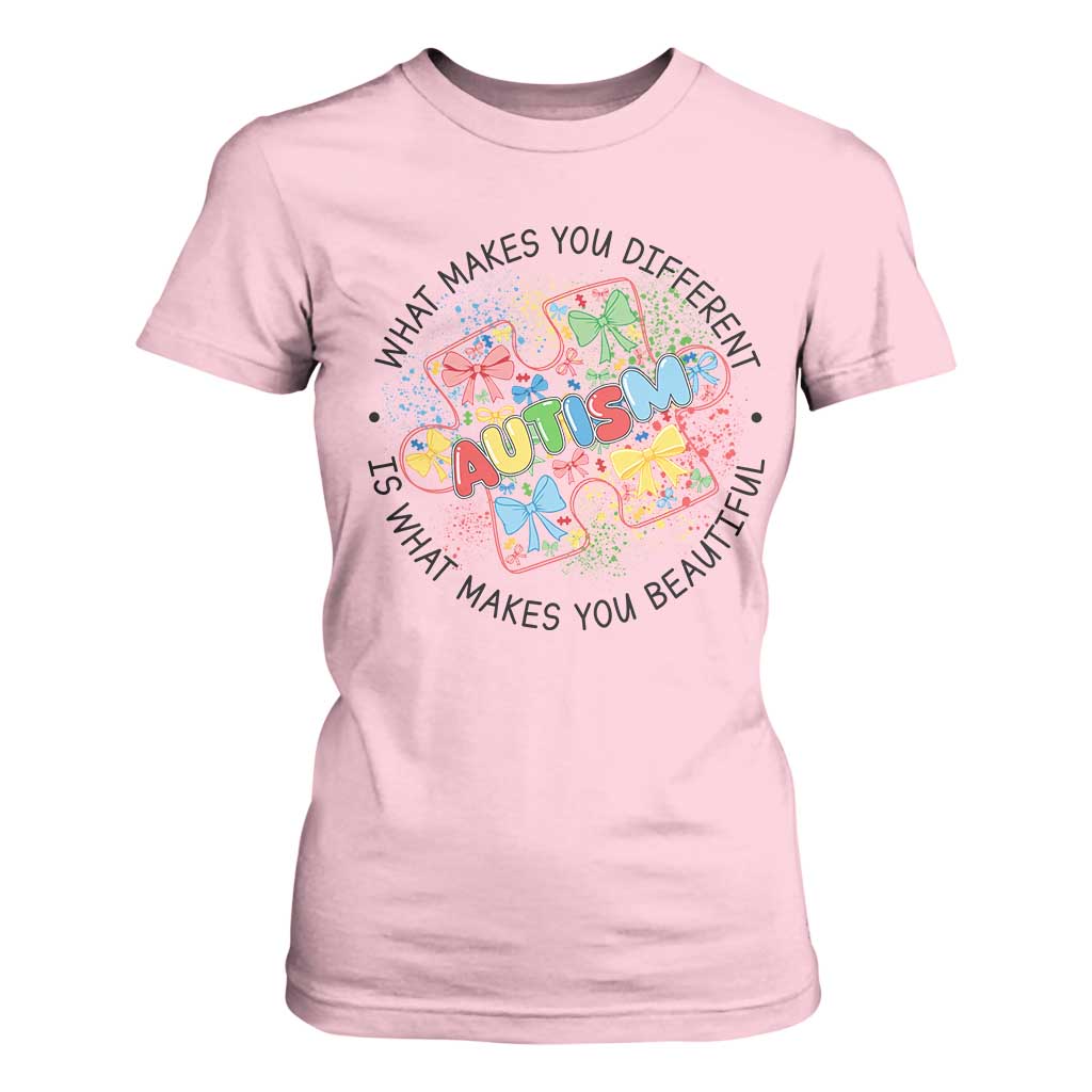 Funny Autism Awareness What Makes You Different Is What Makes You Beautiful T Shirt For Women Coquette Puzzle TS11 Light Pink Print Your Wear
