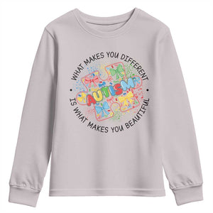 Funny Autism Awareness What Makes You Different Is What Makes You Beautiful Youth Sweatshirt Coquette Puzzle TS11 Ice Gray Print Your Wear
