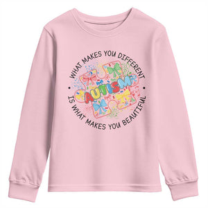 Funny Autism Awareness What Makes You Different Is What Makes You Beautiful Youth Sweatshirt Coquette Puzzle TS11 Light Pink Print Your Wear