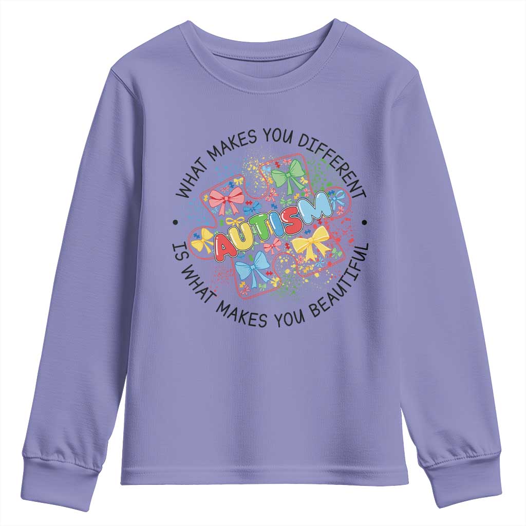 Funny Autism Awareness What Makes You Different Is What Makes You Beautiful Youth Sweatshirt Coquette Puzzle TS11 Violet Print Your Wear