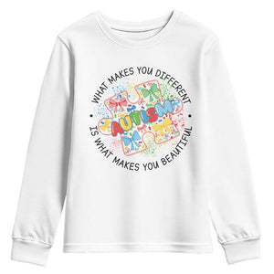 Funny Autism Awareness What Makes You Different Is What Makes You Beautiful Youth Sweatshirt Coquette Puzzle TS11 White Print Your Wear