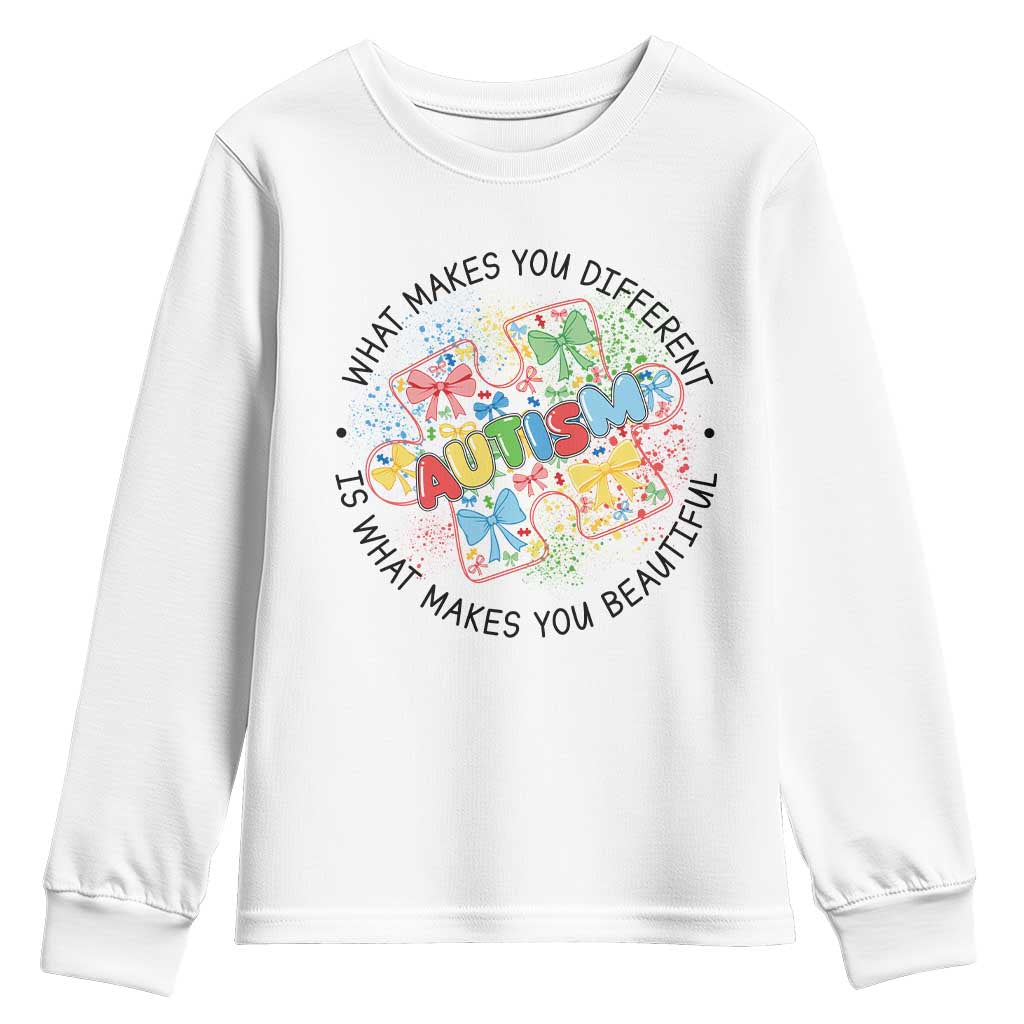 Funny Autism Awareness What Makes You Different Is What Makes You Beautiful Youth Sweatshirt Coquette Puzzle TS11 White Print Your Wear