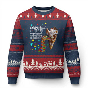 And She Loved A Little Boy Very Much Even More Than She Loved Herself Ugly Christmas Sweater Autism Awareness Giraffes TS11 Navy Red Print Your Wear