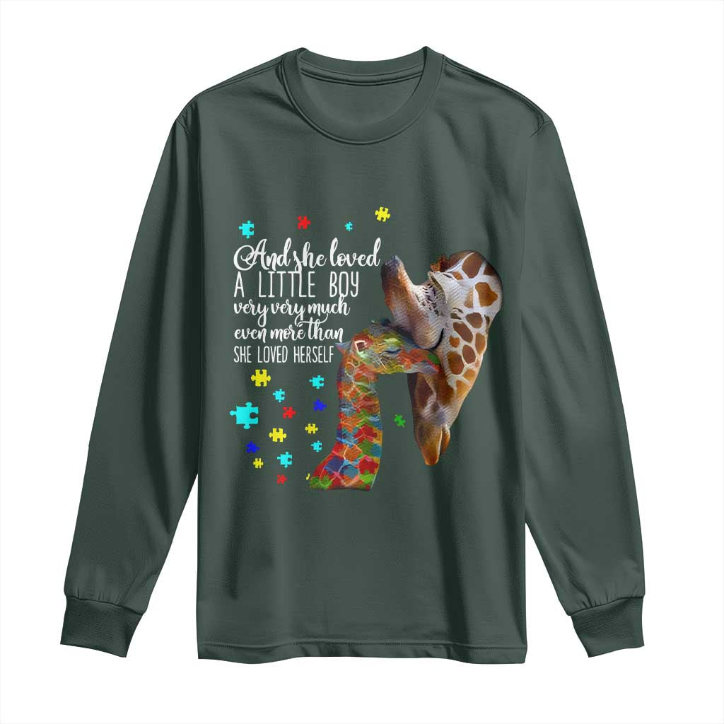 And She Loved A Little Boy Very Much Even More Than She Loved Herself Long Sleeve Shirt Autism Awareness Giraffes TS11 Dark Forest Green Print Your Wear