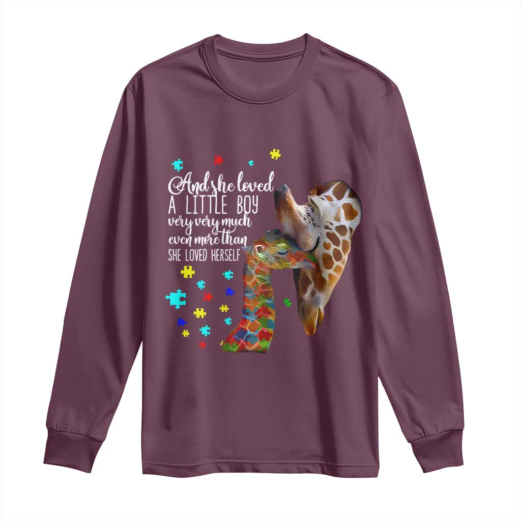 And She Loved A Little Boy Very Much Even More Than She Loved Herself Long Sleeve Shirt Autism Awareness Giraffes TS11 Maroon Print Your Wear