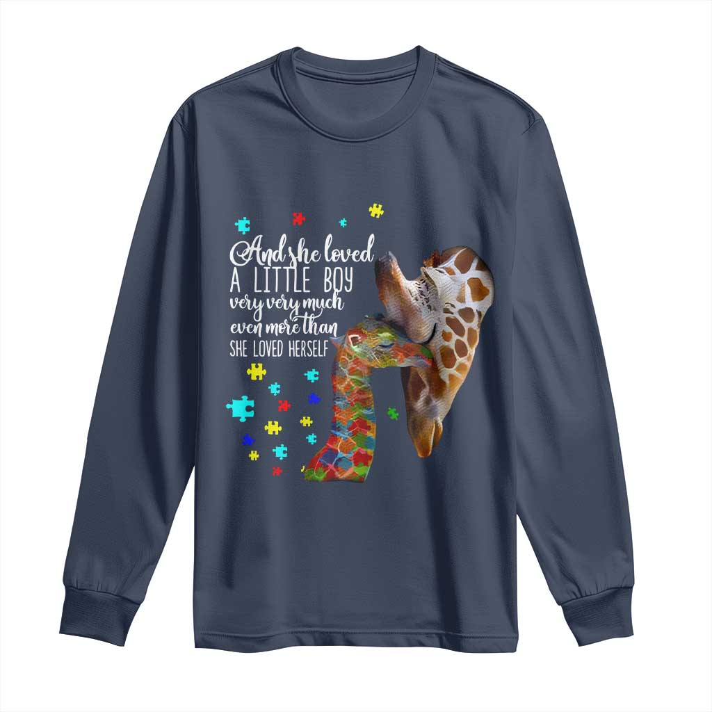 And She Loved A Little Boy Very Much Even More Than She Loved Herself Long Sleeve Shirt Autism Awareness Giraffes TS11 Navy Print Your Wear