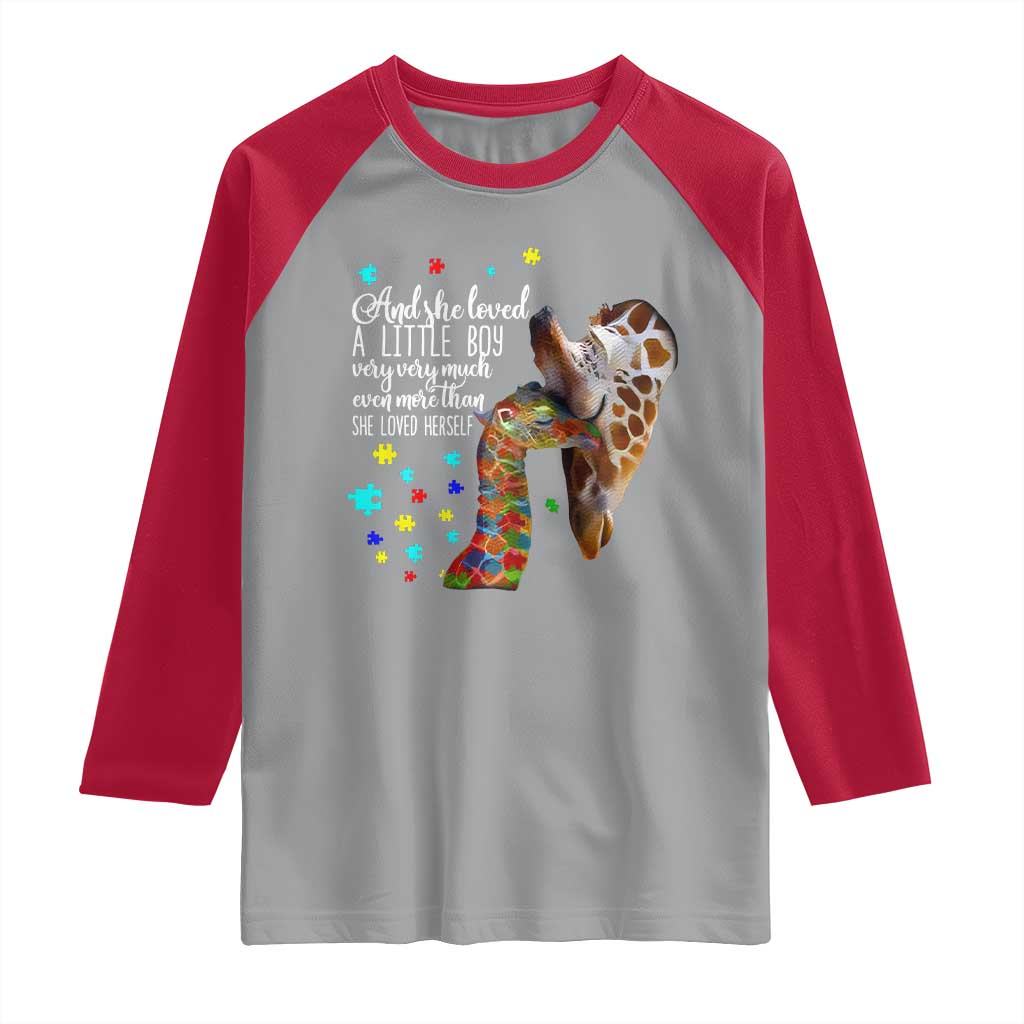 And She Loved A Little Boy Very Much Even More Than She Loved Herself Raglan Shirt Autism Awareness Giraffes TS11 Sport Gray Red Print Your Wear