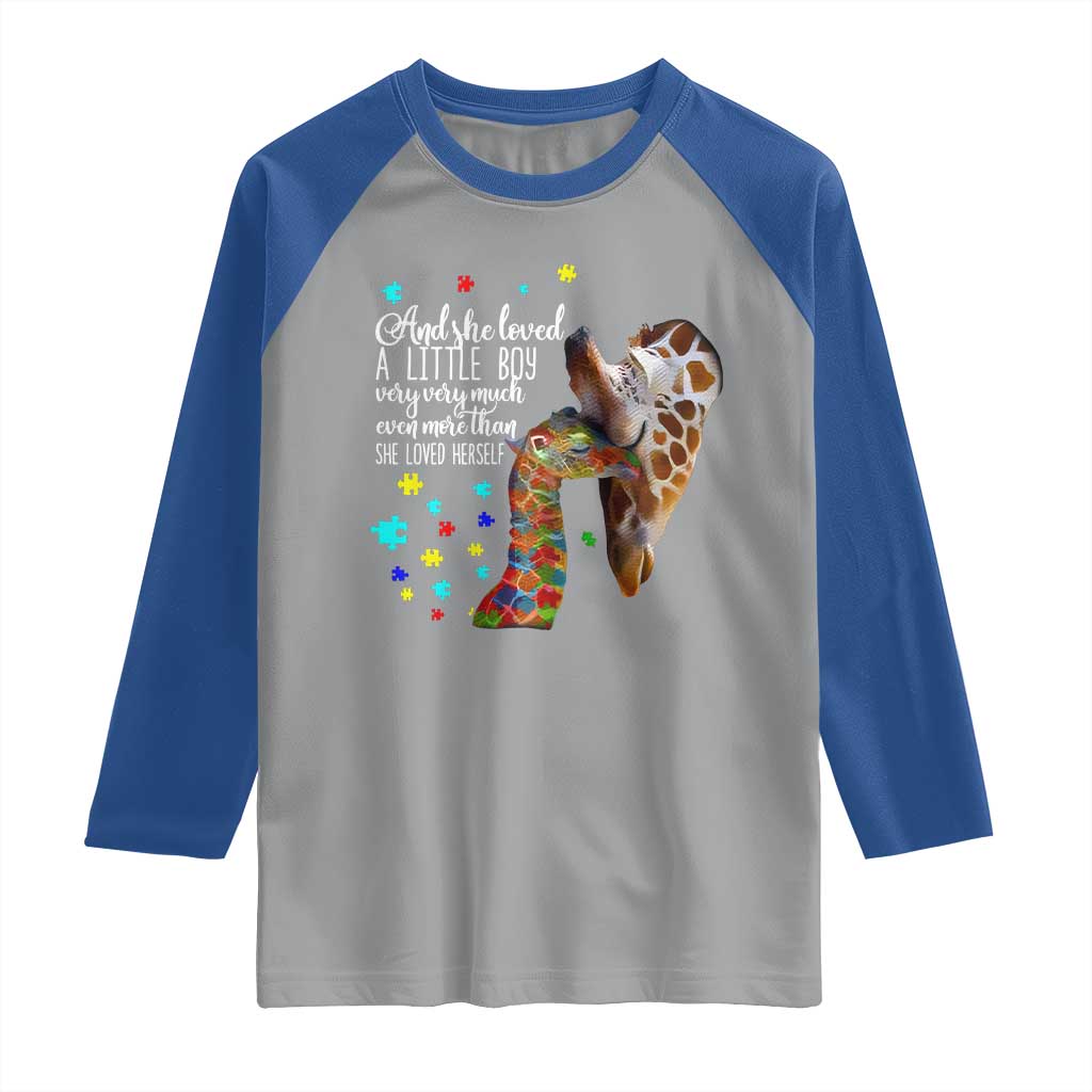 And She Loved A Little Boy Very Much Even More Than She Loved Herself Raglan Shirt Autism Awareness Giraffes TS11 Sport Gray Royal Print Your Wear
