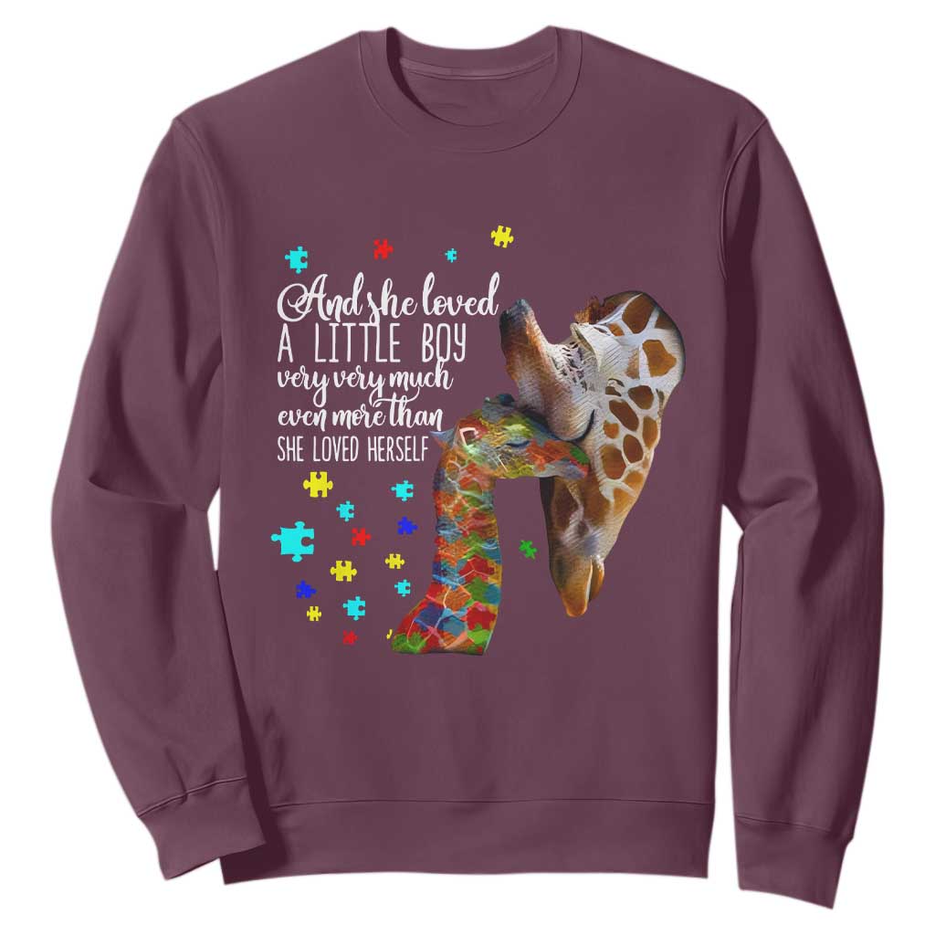 And She Loved A Little Boy Very Much Even More Than She Loved Herself Sweatshirt Autism Awareness Giraffes TS11 Maroon Print Your Wear
