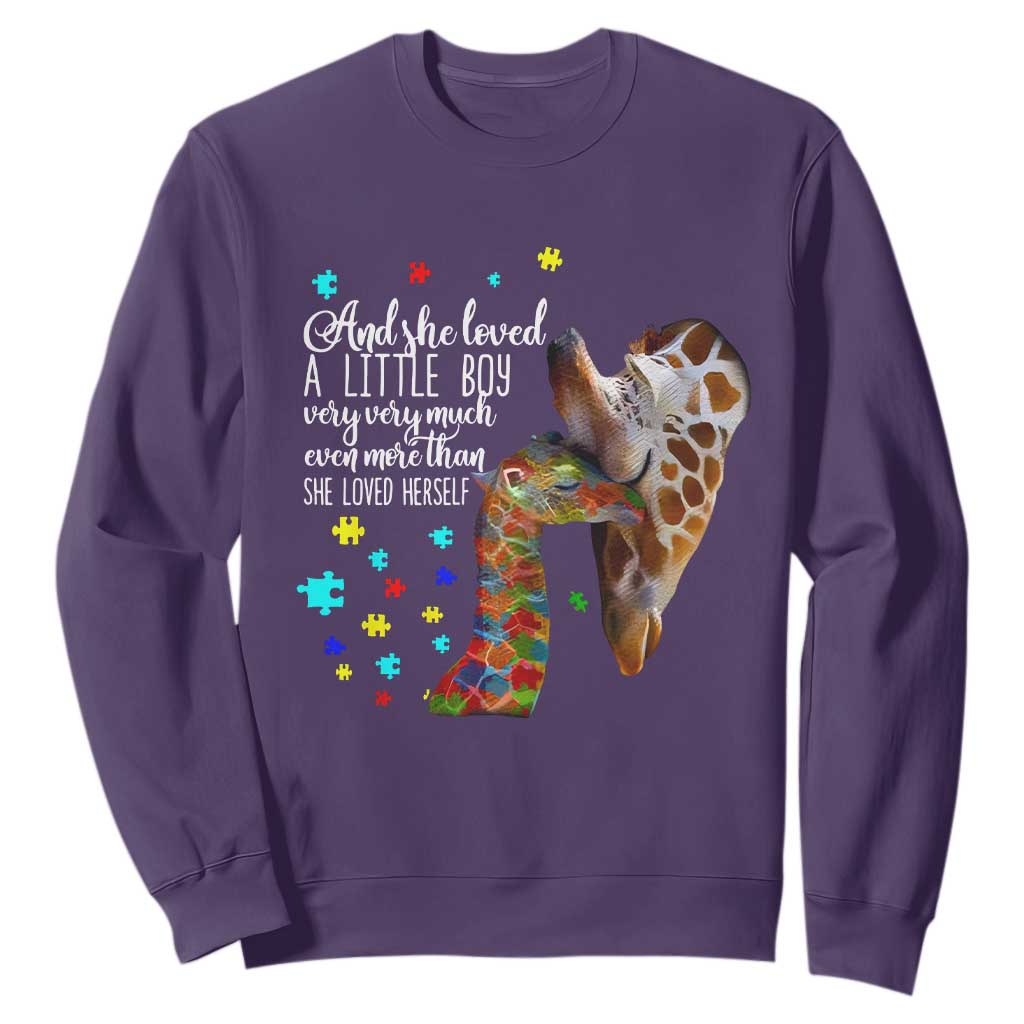 And She Loved A Little Boy Very Much Even More Than She Loved Herself Sweatshirt Autism Awareness Giraffes TS11 Purple Print Your Wear