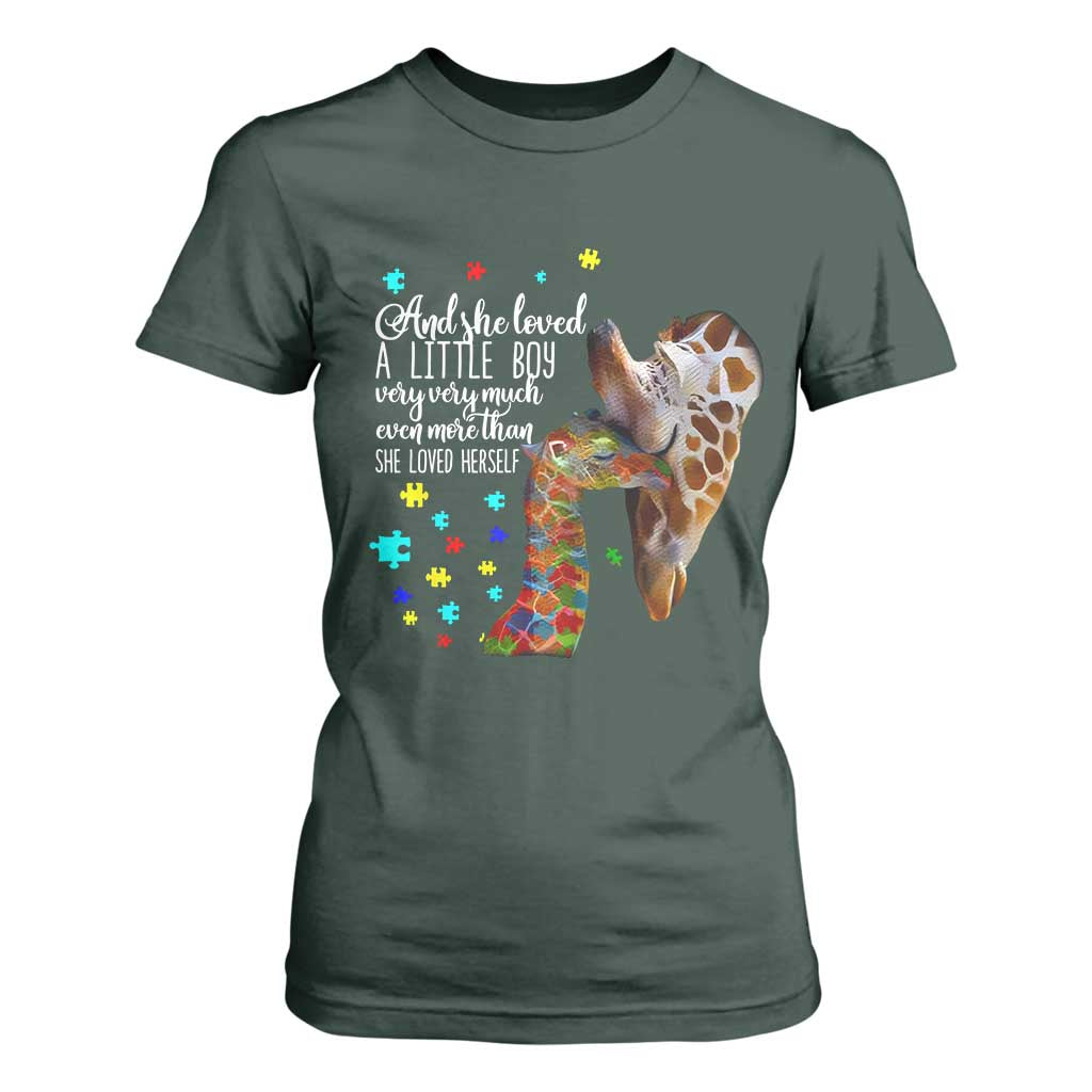 And She Loved A Little Boy Very Much Even More Than She Loved Herself T Shirt For Women Autism Awareness Giraffes TS11 Dark Forest Green Print Your Wear