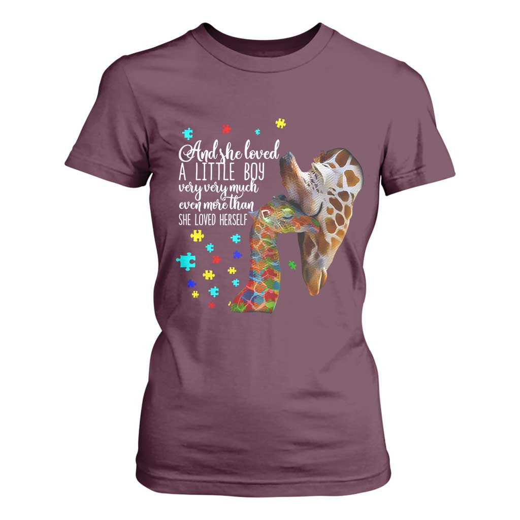 And She Loved A Little Boy Very Much Even More Than She Loved Herself T Shirt For Women Autism Awareness Giraffes TS11 Maroon Print Your Wear