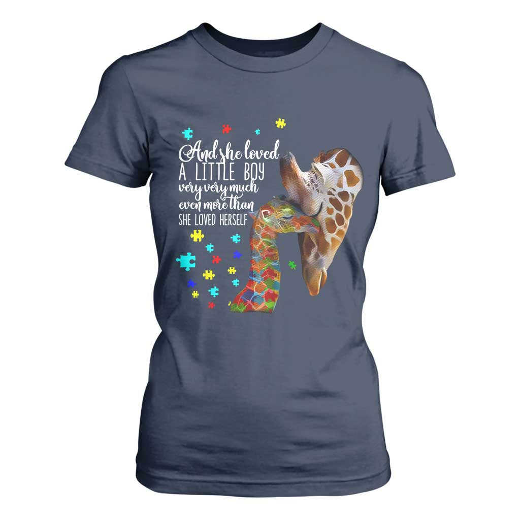 And She Loved A Little Boy Very Much Even More Than She Loved Herself T Shirt For Women Autism Awareness Giraffes TS11 Navy Print Your Wear