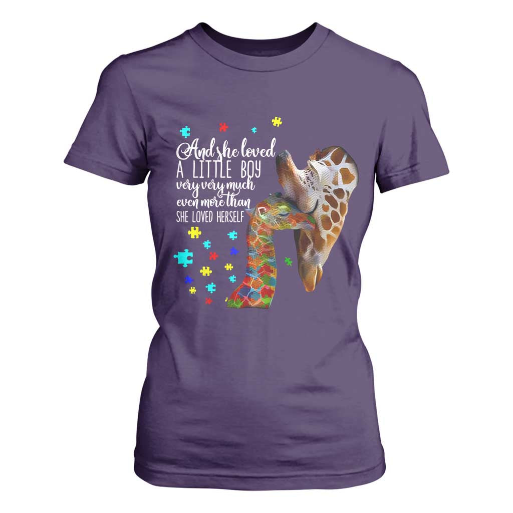 And She Loved A Little Boy Very Much Even More Than She Loved Herself T Shirt For Women Autism Awareness Giraffes TS11 Purple Print Your Wear