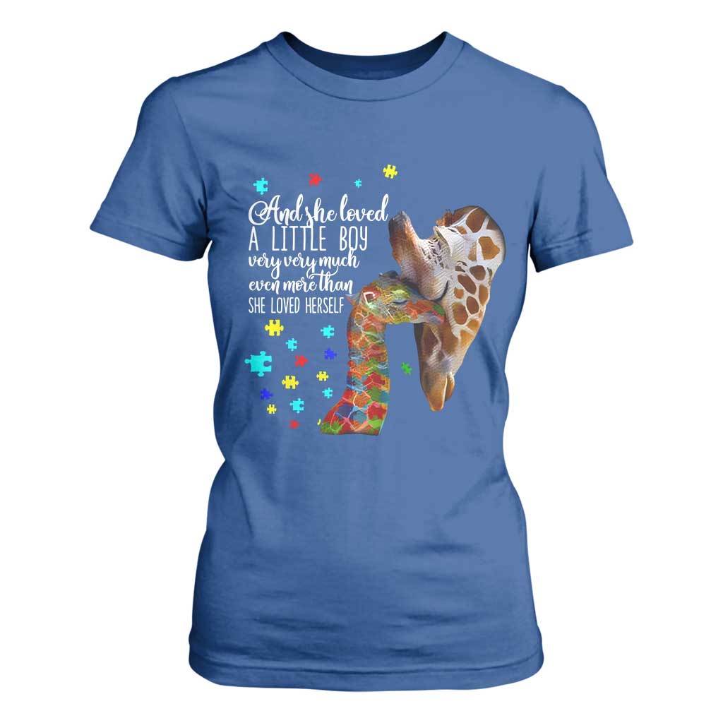 And She Loved A Little Boy Very Much Even More Than She Loved Herself T Shirt For Women Autism Awareness Giraffes TS11 Royal Blue Print Your Wear