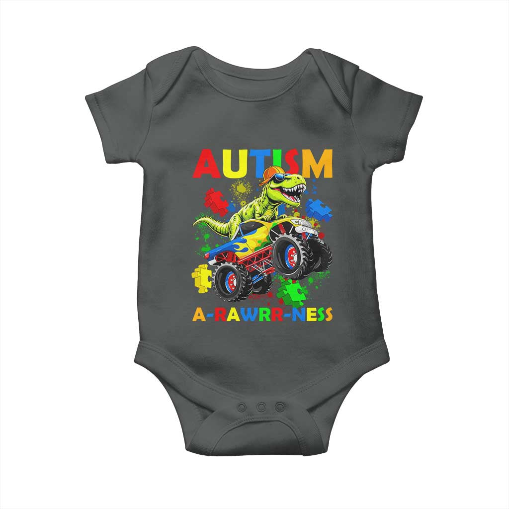 Funny Autism Awareness Dinosaur Baby Onesie Autism Arawrrness Monster Truck Puzzle Pieces TS11 Dark Heather Print Your Wear