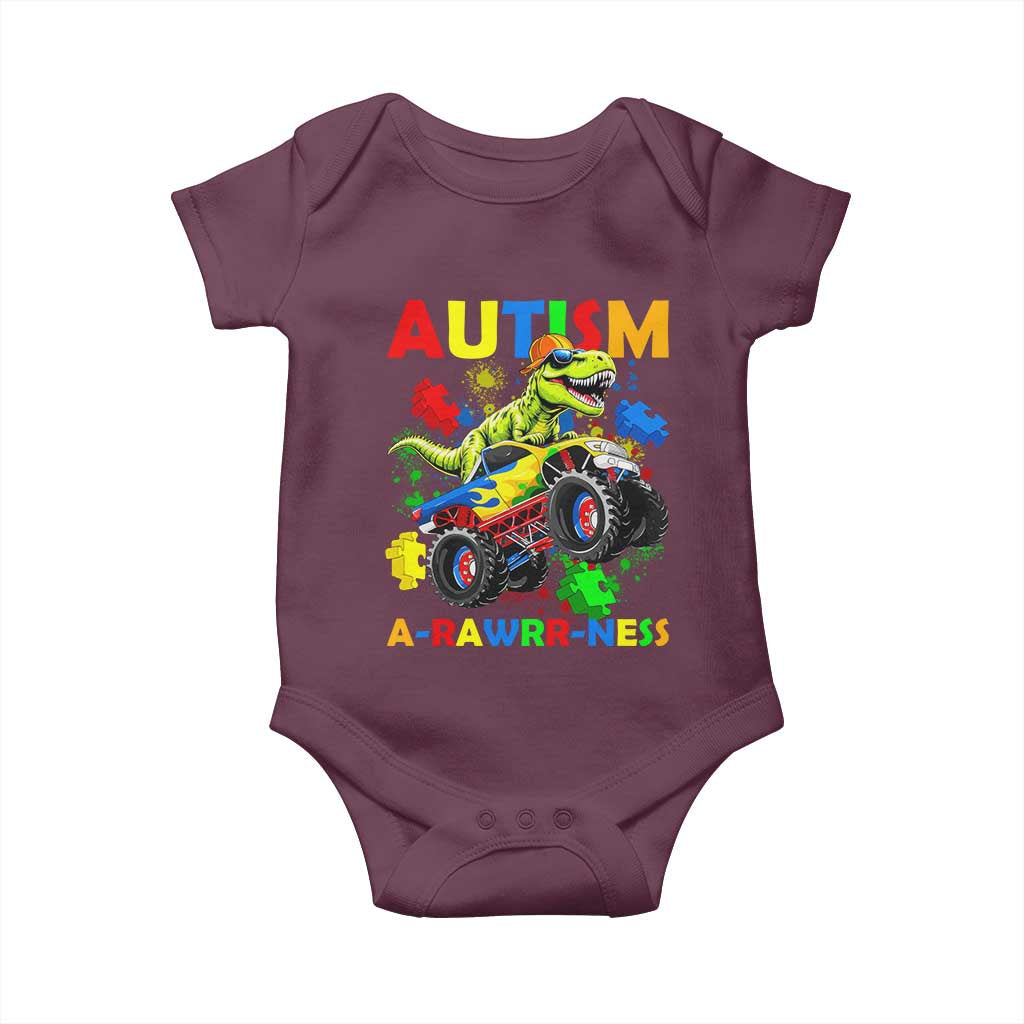 Funny Autism Awareness Dinosaur Baby Onesie Autism Arawrrness Monster Truck Puzzle Pieces TS11 Maroon Print Your Wear