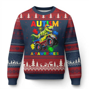 Funny Autism Awareness Dinosaur Ugly Christmas Sweater Autism Arawrrness Monster Truck Puzzle Pieces TS11 Navy Red Print Your Wear