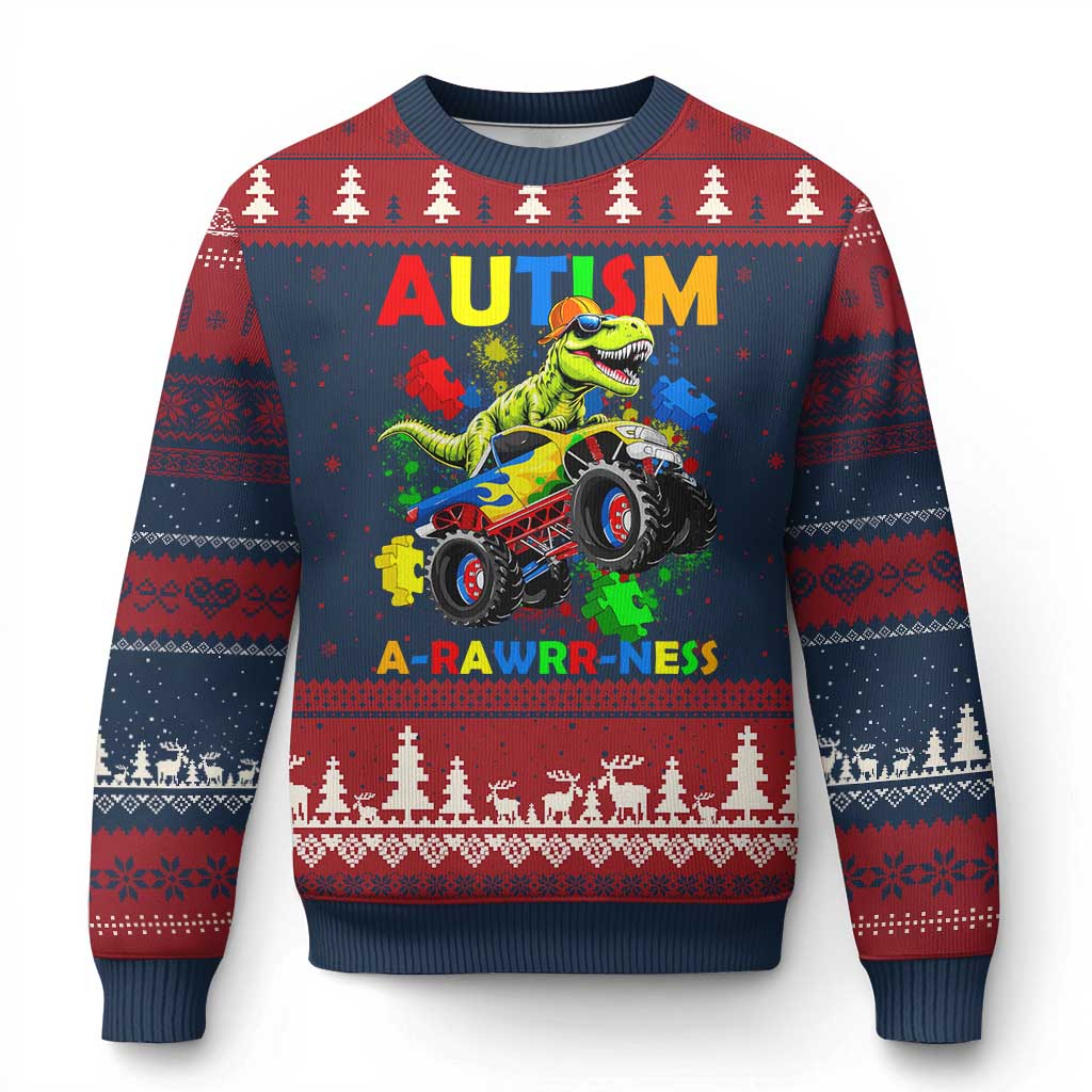 Funny Autism Awareness Dinosaur Ugly Christmas Sweater Autism Arawrrness Monster Truck Puzzle Pieces TS11 Navy Red Print Your Wear