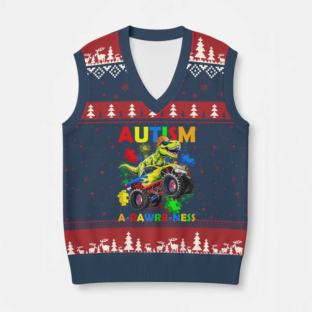 Funny Autism Awareness Dinosaur V-Neck Knit Sweater Vest Autism Arawrrness Monster Truck Puzzle Pieces TS11 Navy Red Print Your Wear