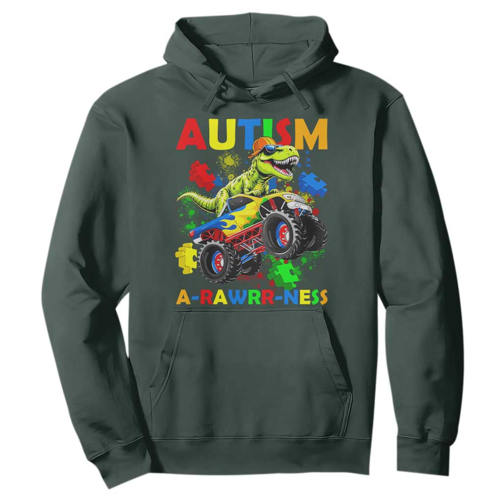 Funny Autism Awareness Dinosaur Hoodie Autism Arawrrness Monster Truck Puzzle Pieces TS11 Dark Forest Green Print Your Wear
