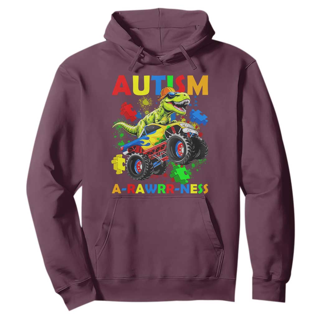 Funny Autism Awareness Dinosaur Hoodie Autism Arawrrness Monster Truck Puzzle Pieces TS11 Maroon Print Your Wear