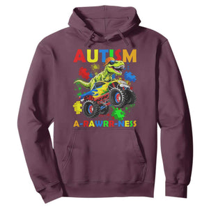 Funny Autism Awareness Dinosaur Hoodie Autism Arawrrness Monster Truck Puzzle Pieces TS11 Maroon Print Your Wear