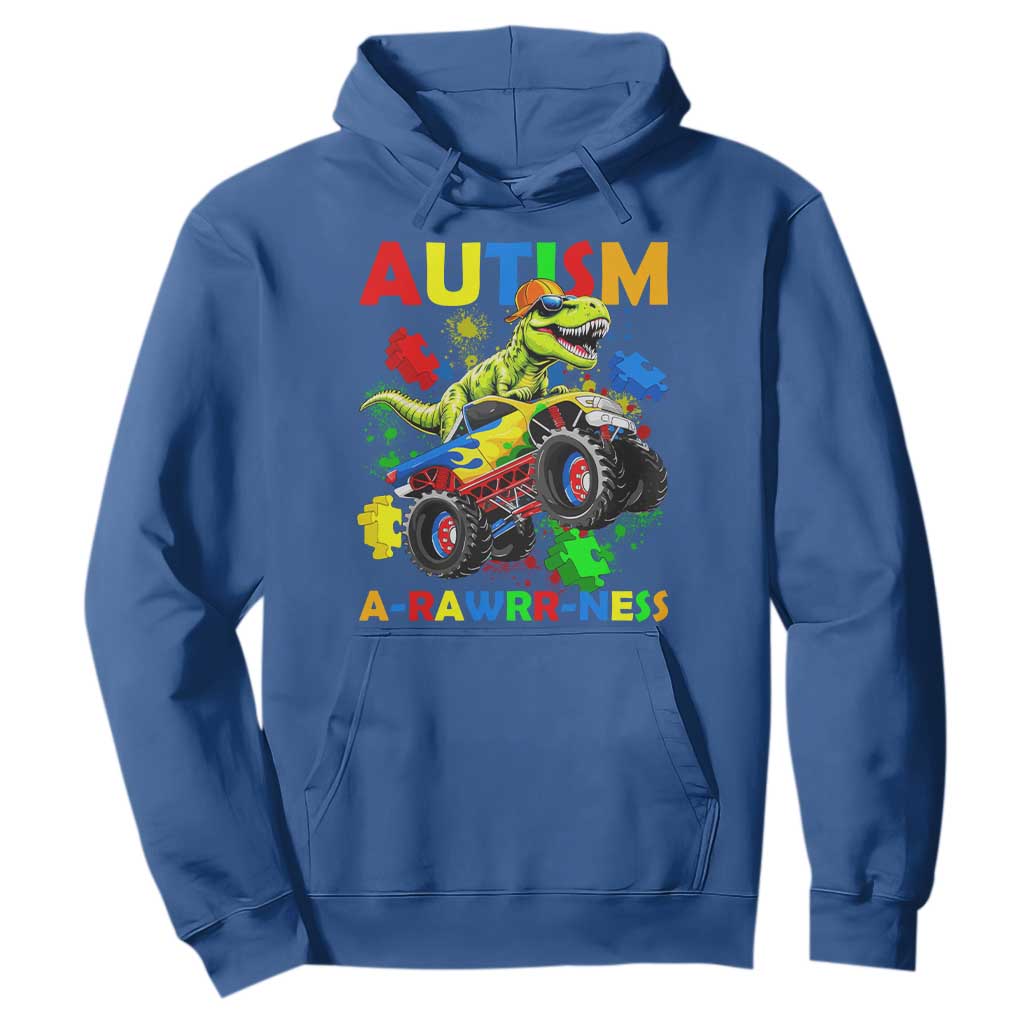 Funny Autism Awareness Dinosaur Hoodie Autism Arawrrness Monster Truck Puzzle Pieces TS11 Royal Blue Print Your Wear