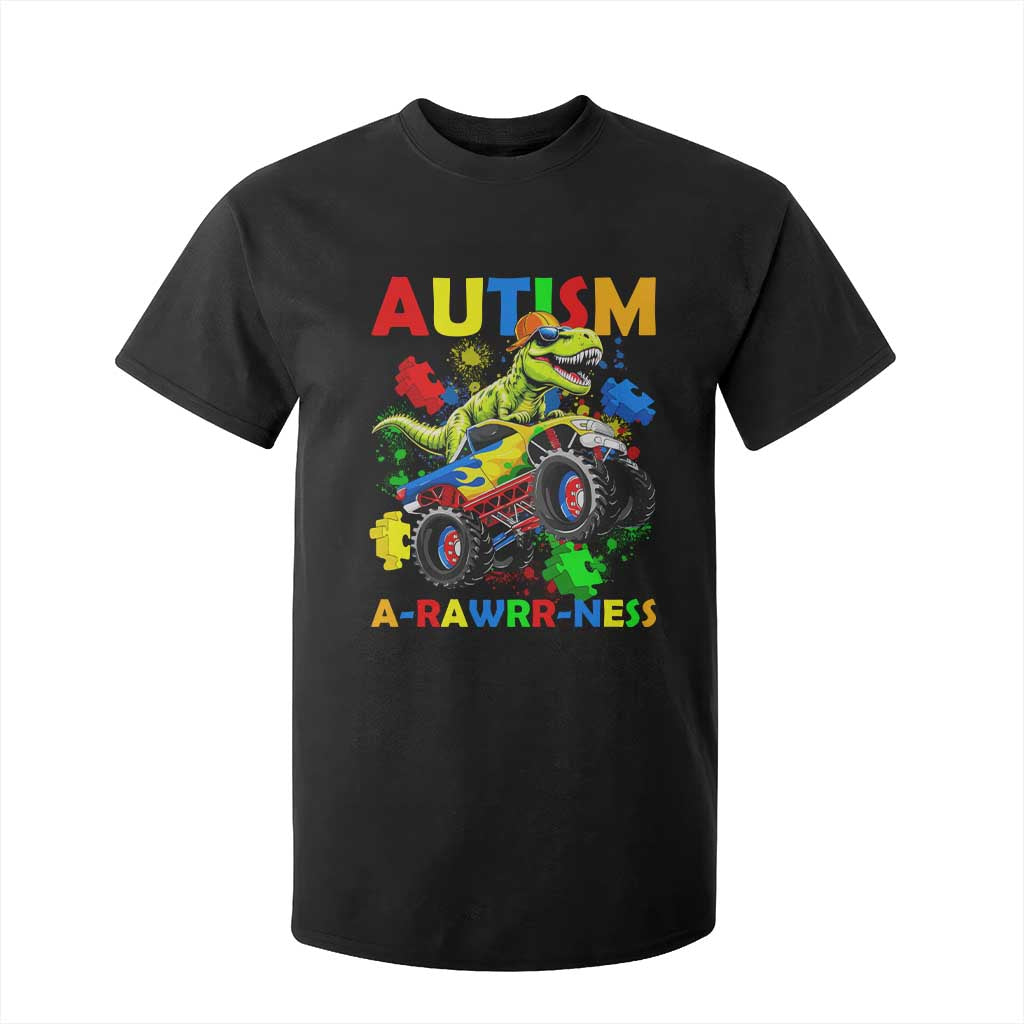 Funny Autism Awareness Dinosaur T Shirt For Kid Autism Arawrrness Monster Truck Puzzle Pieces TS11 Black Print Your Wear