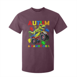 Funny Autism Awareness Dinosaur T Shirt For Kid Autism Arawrrness Monster Truck Puzzle Pieces TS11 Maroon Print Your Wear