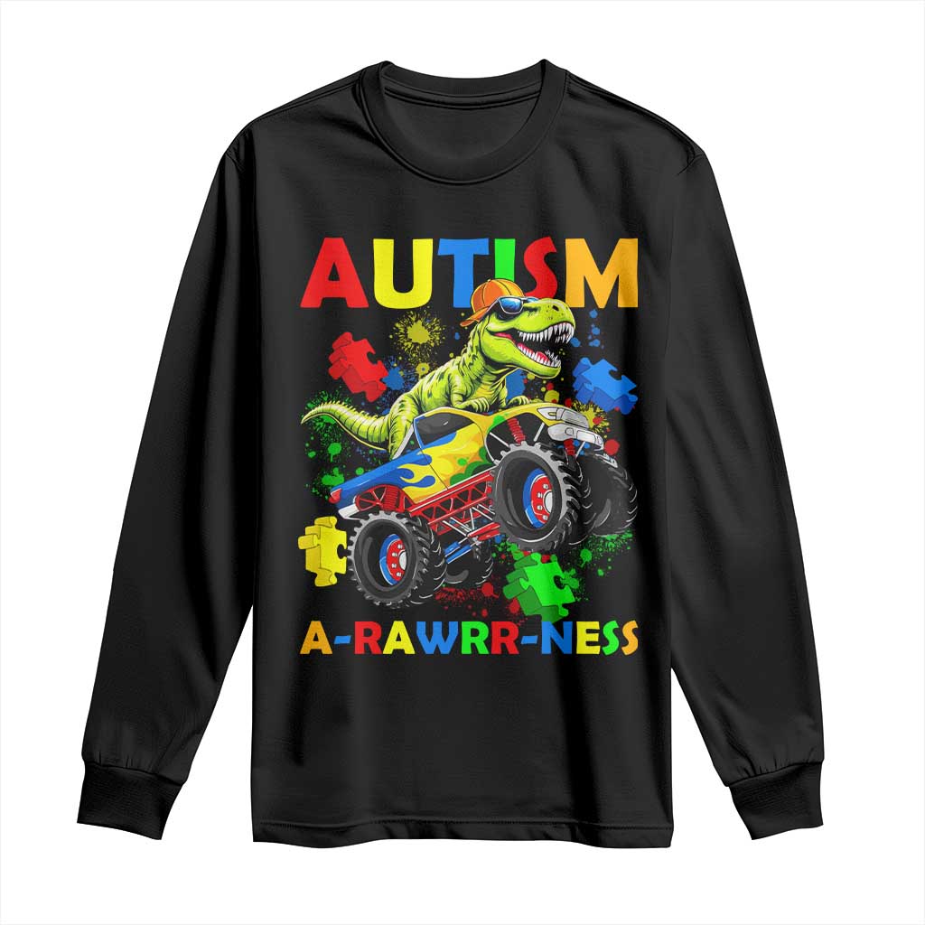 Funny Autism Awareness Dinosaur Long Sleeve Shirt Autism Arawrrness Monster Truck Puzzle Pieces TS11 Black Print Your Wear