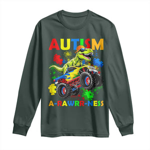 Funny Autism Awareness Dinosaur Long Sleeve Shirt Autism Arawrrness Monster Truck Puzzle Pieces TS11 Dark Forest Green Print Your Wear