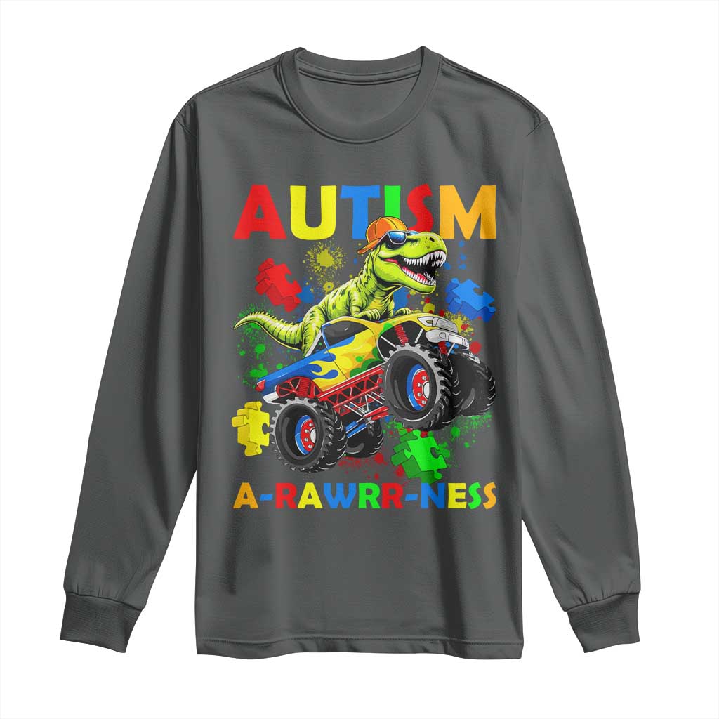 Funny Autism Awareness Dinosaur Long Sleeve Shirt Autism Arawrrness Monster Truck Puzzle Pieces TS11 Dark Heather Print Your Wear