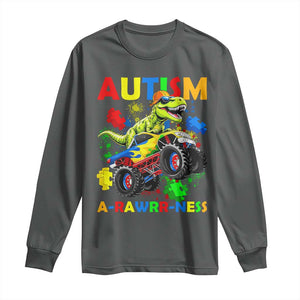 Funny Autism Awareness Dinosaur Long Sleeve Shirt Autism Arawrrness Monster Truck Puzzle Pieces TS11 Dark Heather Print Your Wear