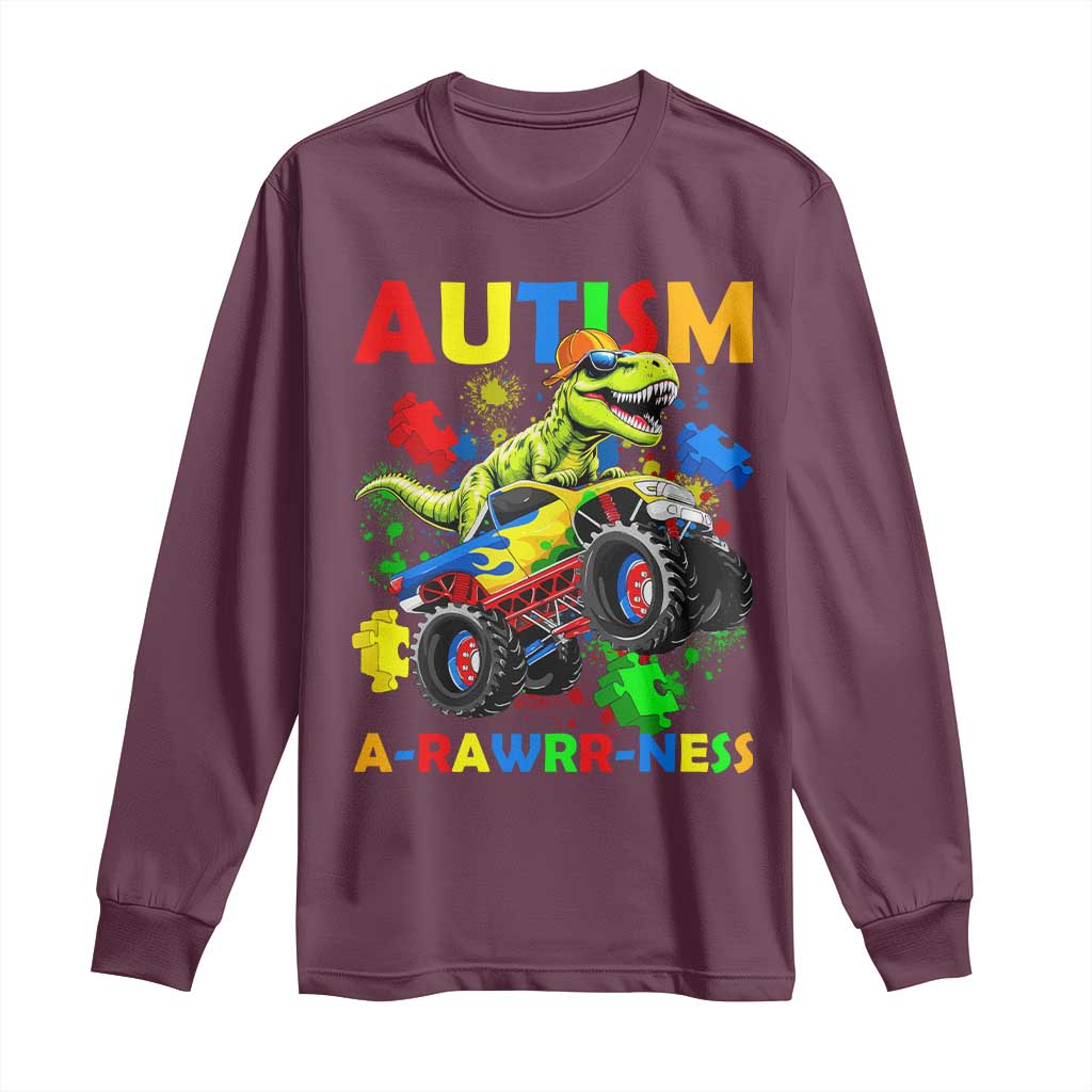 Funny Autism Awareness Dinosaur Long Sleeve Shirt Autism Arawrrness Monster Truck Puzzle Pieces TS11 Maroon Print Your Wear