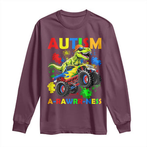 Funny Autism Awareness Dinosaur Long Sleeve Shirt Autism Arawrrness Monster Truck Puzzle Pieces TS11 Maroon Print Your Wear