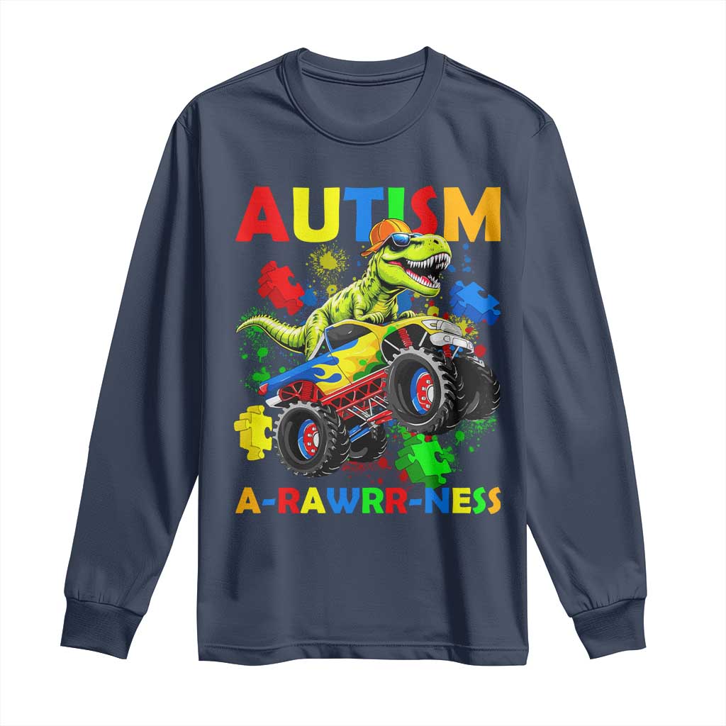Funny Autism Awareness Dinosaur Long Sleeve Shirt Autism Arawrrness Monster Truck Puzzle Pieces TS11 Navy Print Your Wear