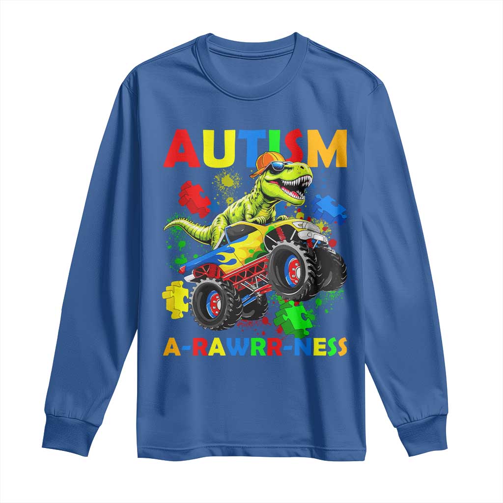 Funny Autism Awareness Dinosaur Long Sleeve Shirt Autism Arawrrness Monster Truck Puzzle Pieces TS11 Royal Blue Print Your Wear