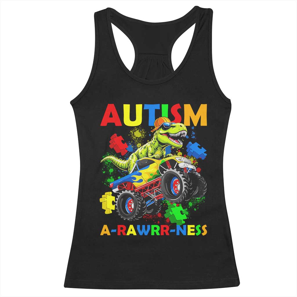 Funny Autism Awareness Dinosaur Racerback Tank Top Autism Arawrrness Monster Truck Puzzle Pieces TS11 Black Print Your Wear