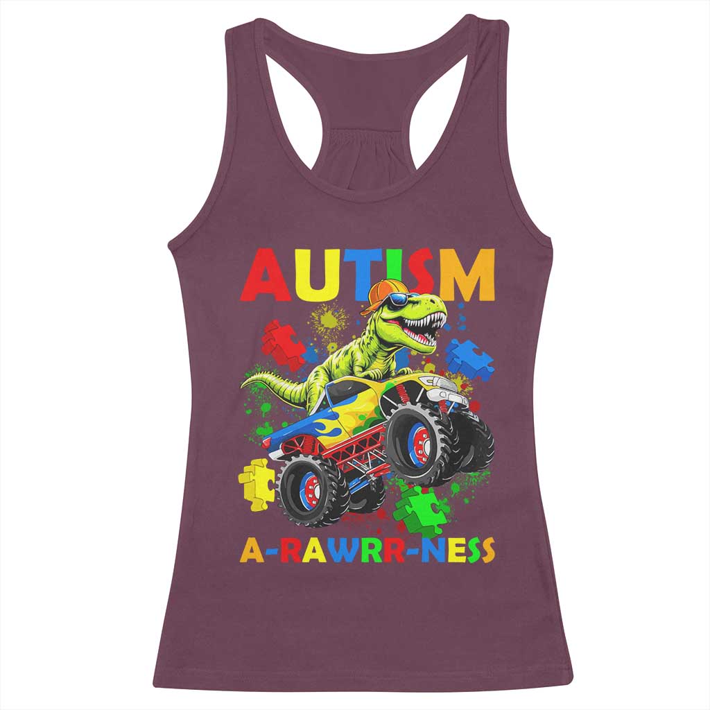 Funny Autism Awareness Dinosaur Racerback Tank Top Autism Arawrrness Monster Truck Puzzle Pieces TS11 Maroon Print Your Wear
