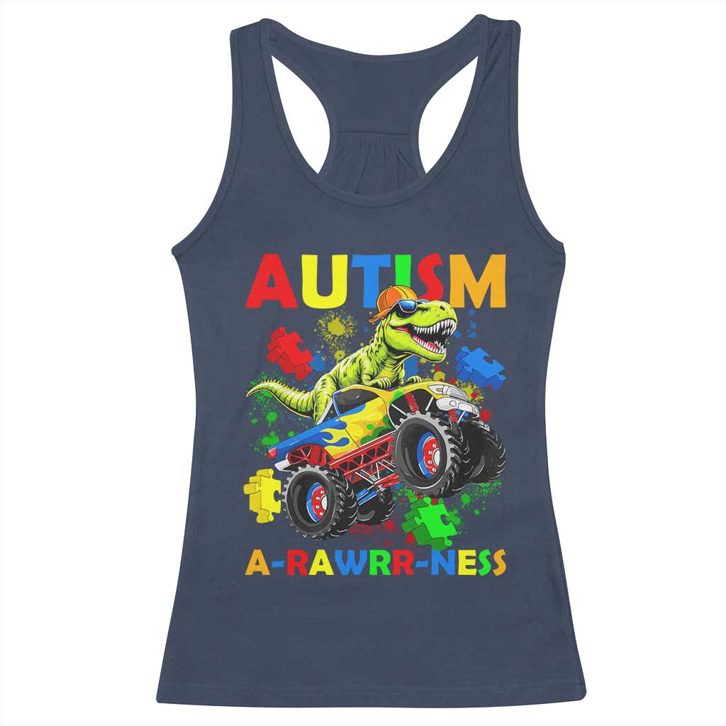 Funny Autism Awareness Dinosaur Racerback Tank Top Autism Arawrrness Monster Truck Puzzle Pieces TS11 Navy Print Your Wear
