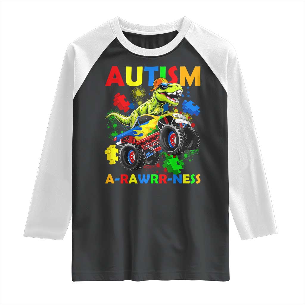 Funny Autism Awareness Dinosaur Raglan Shirt Autism Arawrrness Monster Truck Puzzle Pieces TS11 Black White Print Your Wear