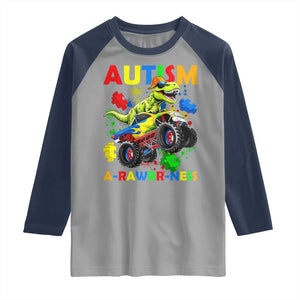 Funny Autism Awareness Dinosaur Raglan Shirt Autism Arawrrness Monster Truck Puzzle Pieces TS11 Sport Gray Navy Print Your Wear