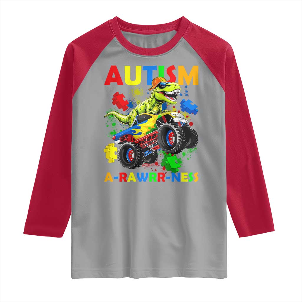 Funny Autism Awareness Dinosaur Raglan Shirt Autism Arawrrness Monster Truck Puzzle Pieces TS11 Sport Gray Red Print Your Wear