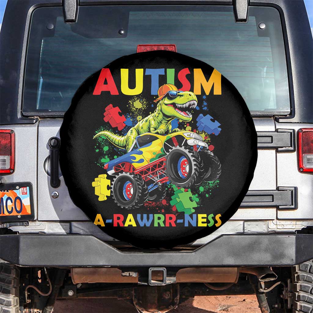Funny Autism Awareness Dinosaur Spare Tire Cover Autism Arawrrness Monster Truck Puzzle Pieces TS11 No hole Black Print Your Wear