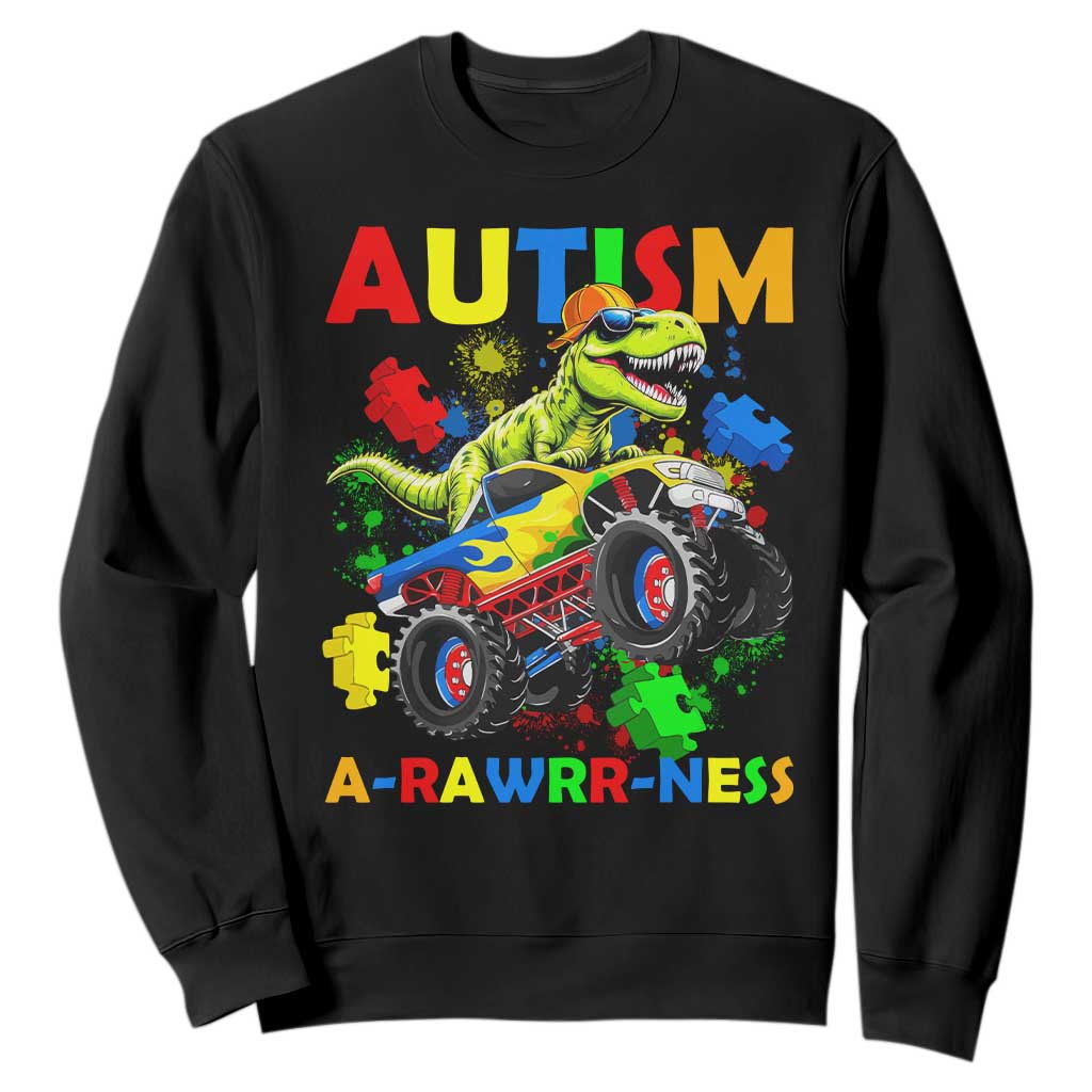 Funny Autism Awareness Dinosaur Sweatshirt Autism Arawrrness Monster Truck Puzzle Pieces TS11 Black Print Your Wear