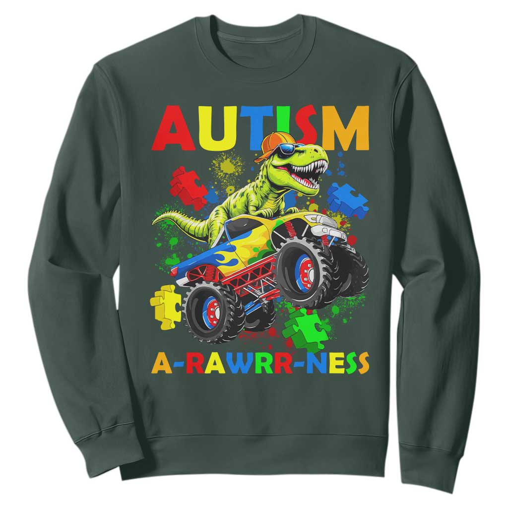 Funny Autism Awareness Dinosaur Sweatshirt Autism Arawrrness Monster Truck Puzzle Pieces TS11 Dark Forest Green Print Your Wear