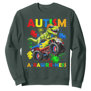Funny Autism Awareness Dinosaur Sweatshirt Autism Arawrrness Monster Truck Puzzle Pieces TS11 Dark Forest Green Print Your Wear