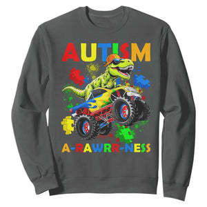 Funny Autism Awareness Dinosaur Sweatshirt Autism Arawrrness Monster Truck Puzzle Pieces TS11 Dark Heather Print Your Wear