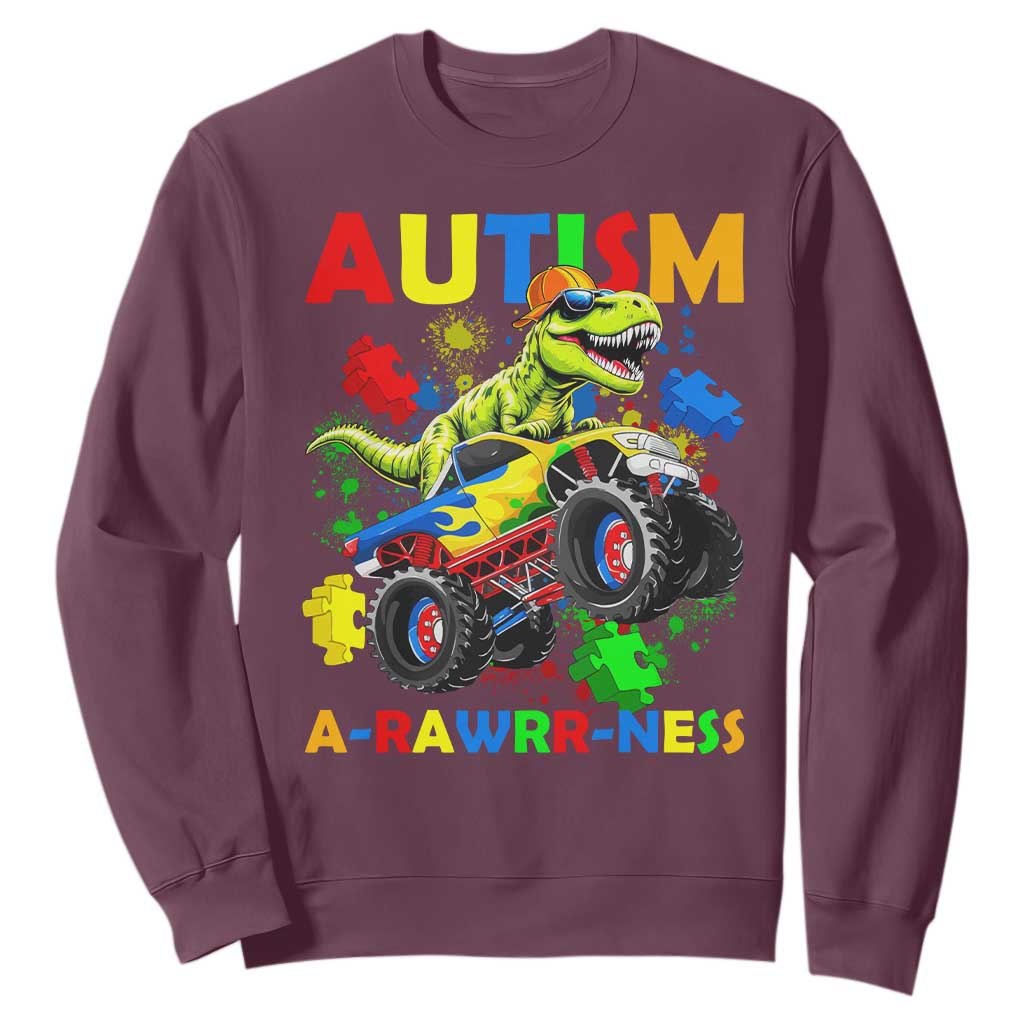 Funny Autism Awareness Dinosaur Sweatshirt Autism Arawrrness Monster Truck Puzzle Pieces TS11 Maroon Print Your Wear
